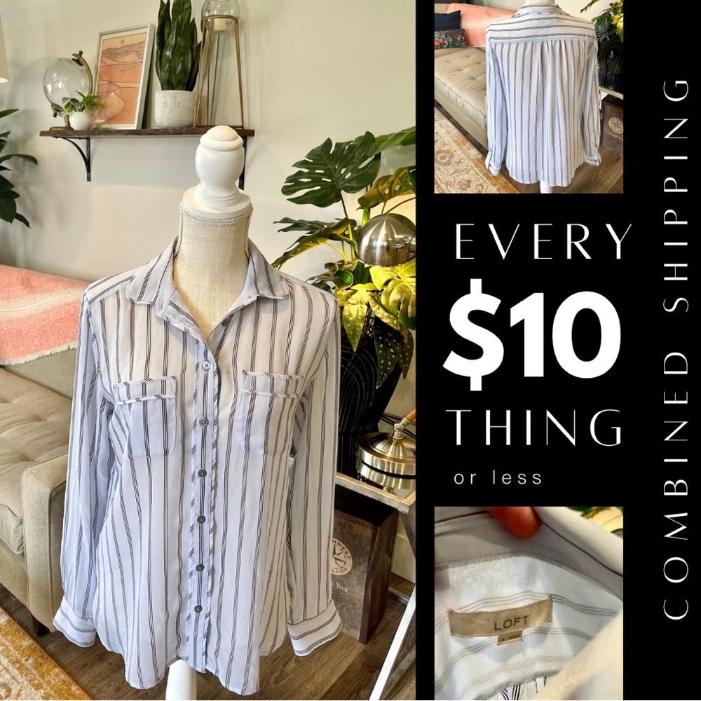 Ann Taylor Loft Powder Blue, Pinstripe, Slightly Sheer Button Up Blouse.